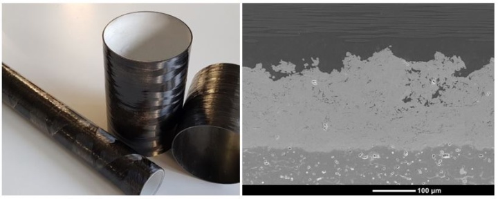 Aluminiumoxid Verscheißschutz-Beschichtung auf der Innenoberfläche von CFK-Rohren (links), Querschliff des Interfaces (rechts)