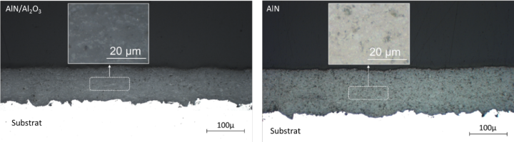 Bild 1: Mikroskopische Querschliffe thermisch gespritzter AlN/Al2O3 Verbundschichten auf Metallsubstrat. Links. Gespritzt aus einer Mischung Al2O3 und AlN. Rechts. Gespritzt aus reinem AlN. Hier wurden die höchsten AlN Anteile erzielt.