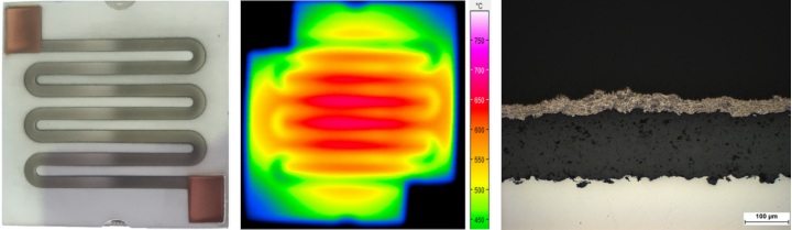 Bild 3: Links: Über F-HVOF hergestellte Heizleiterstruktur aus NiCr, aufgebracht auf eine Aluminiumoxid-Zwischenschicht auf Stahlsubstrat¬träger. Mitte: Wärmebildaufnahme bei Testbetrieb. Rechts. Querschliff der gesamten Schichtstruktur im Lichtmikroskop.