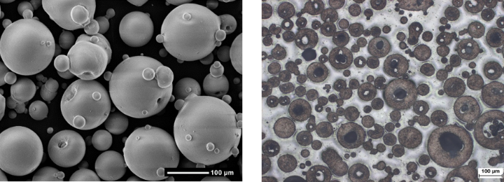 Abbildung 2: Durch Sprühgranulation hergestellte Hydroxylapatit-Hohlgranalien - links: Pulvermorphologie im Rasterelektronenmikroskop (REM) - rechts: Querschliff durch das Pulver mit sichtbaren Hohlräumen in lichtmikroskopischer Ansicht