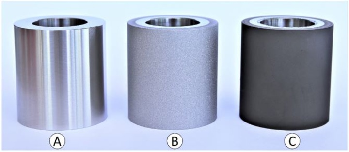 Fig. 4. Demonstator-Gleitlager: A: Endbearbeitet. B: Aktivierte Oberfläche. C: HVSFS beschichtet.