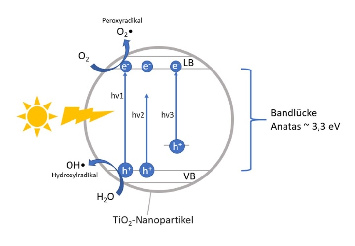 Abb 2. Reaktionsmechanismus Photokatalyse: Pures TiO2 (hv1), metalldotiertes TiO2 (hv2), nicht metalldotieres TiO2 (hv3). 