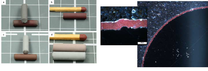 Bild 1. Herstellung Cu dotierter Titanimplantatkörper mit dem Verfahren des überschallschnellen Suspensionsflammspritzen. Links: beschichtete zylindrische Probekörper für den Einsatz im Tiermodell. Rechts: Mikroskopischer Querschliff durch den Probekörper im Lichtmikroskop. Die rötliche Färbung ist auf das metallisch vorliegende Cu zurückzuführen.